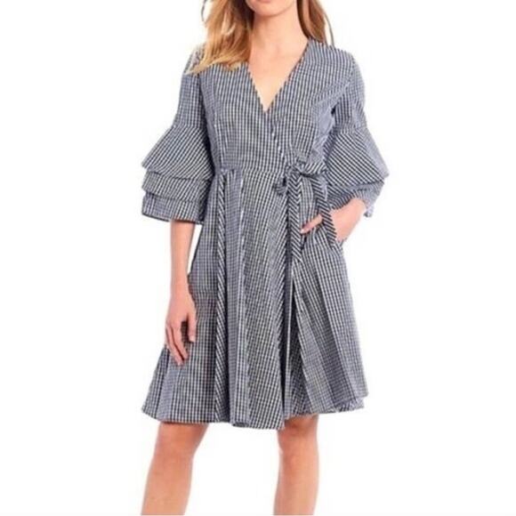 Calvin Klein Bell Sleeve Cotton Gingham Shirt Wrap Dress Size 4 - Picture 1 of 6